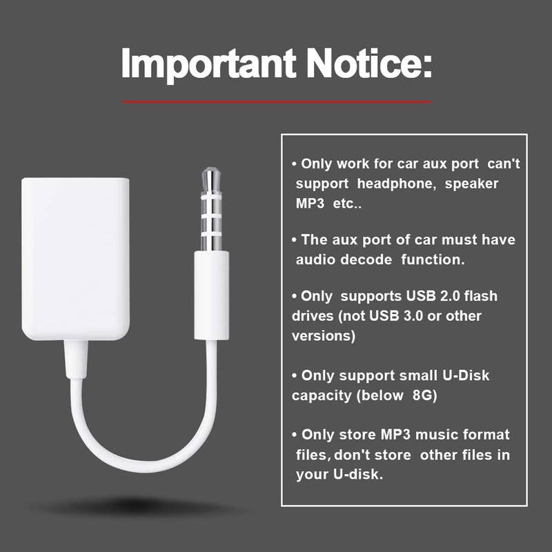 Oxsubor AUX to USB Adapter, 3.5mm Male Audio Jack to USB 2.0 Female Converter Cable, Only Work for Car AUX-in with MP3 Decoder, Not for Headset, Speakers, Phone,Computers, Camera,Microphone, Monitor - Image 3